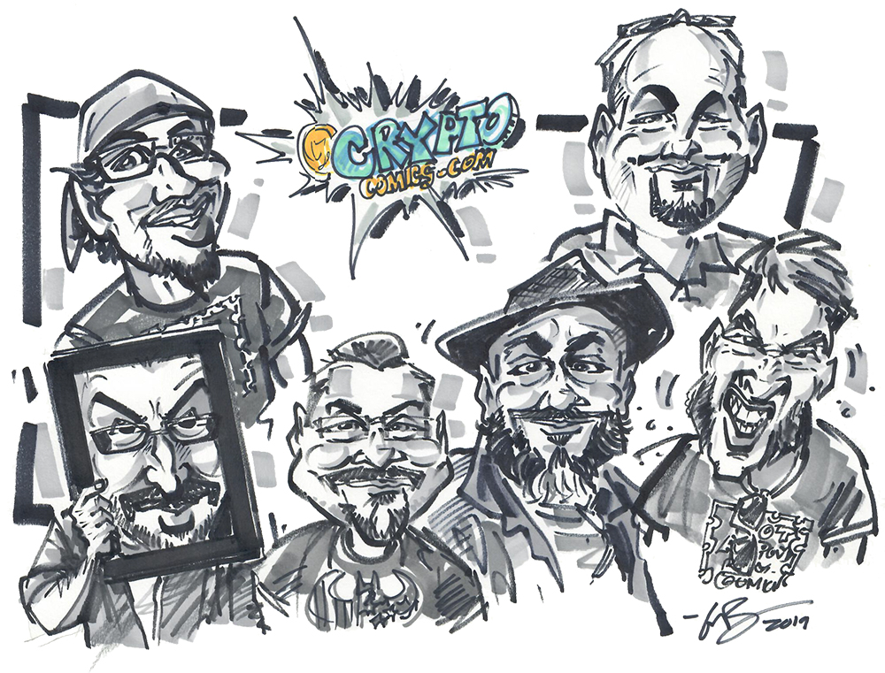 Caricature of the Crypto Comics team by Greg Brown