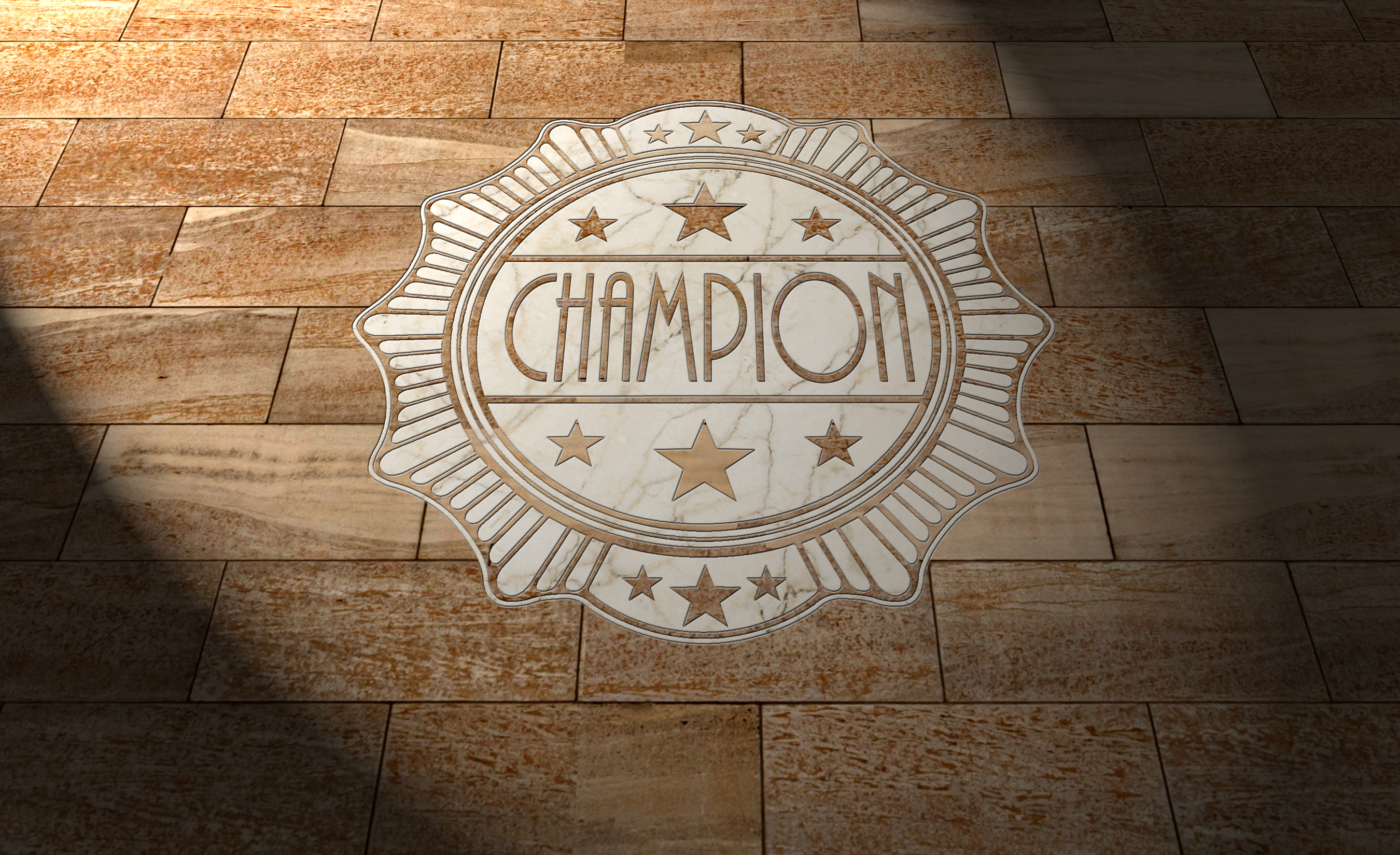 Champion logo on hard wood floor